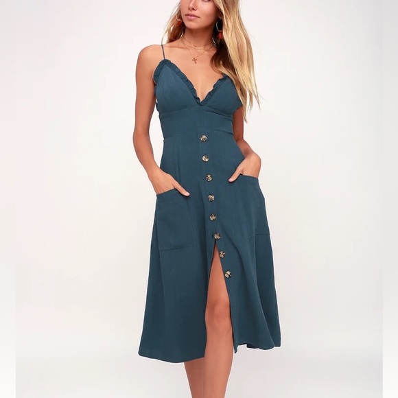 Lulus Dresses & Skirts - NWT Lulus Lisbeth Dark Blue Button Front Midi Dress Linen blend women’s large